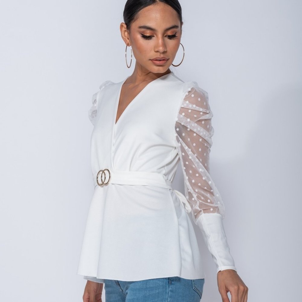 White Long Polka Dot Sleeve V-Neck Belted Blouse - Picture 4 of 7
